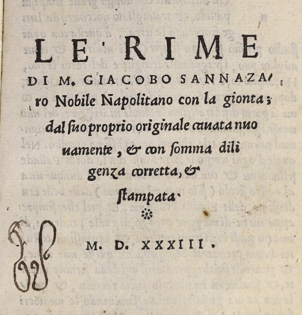 Sannazaro, Giacono - Le Rime ... 53 & (54-56) ff. old vellum, gilt-decorated spine with morocco gilt-lettered, sm.8vo. (Florence): per Bernardo Giunta, 1533